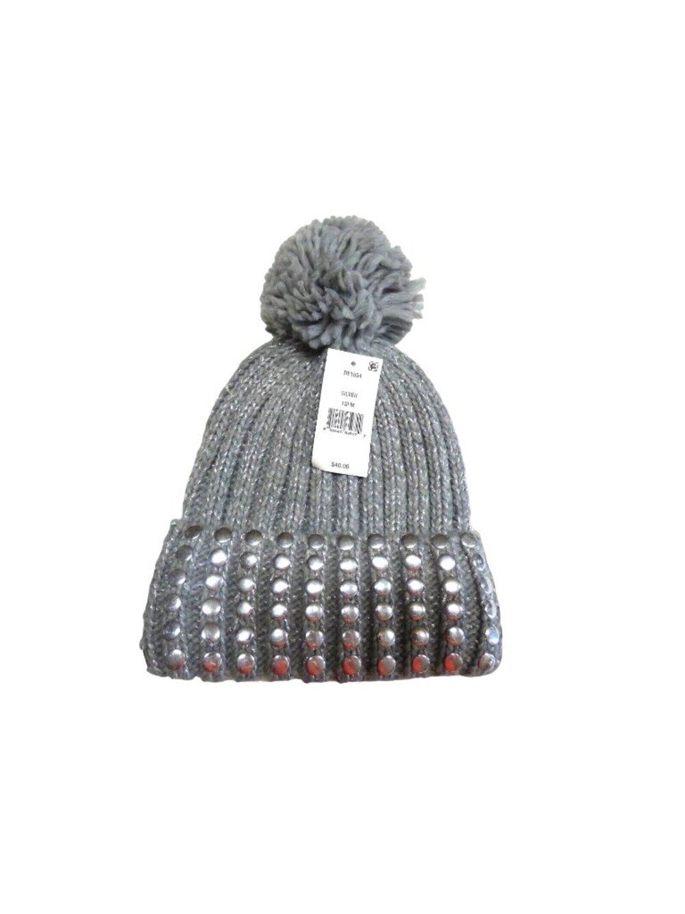 DKNY Flat-Stud Metallic Rib-Knit Beanie, Silver/  Gray